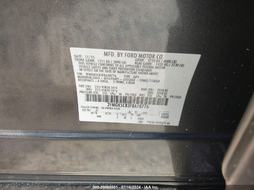 2015 Ford Flex Sel VIN: 2FMGK5C83FBA18776 Lot: 39865501