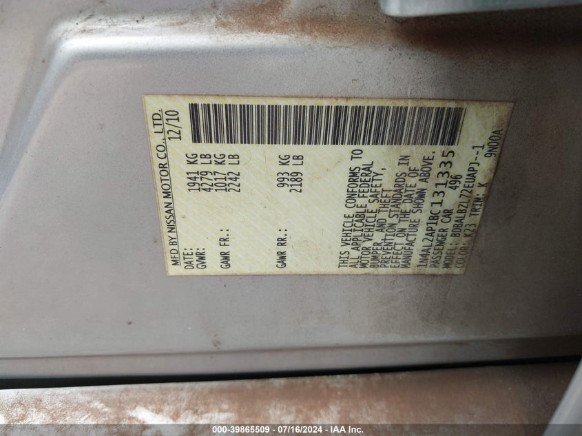 2011 Nissan Altima 2.5 S VIN: 1N4AL2AP1BC131335 Lot: 39865509