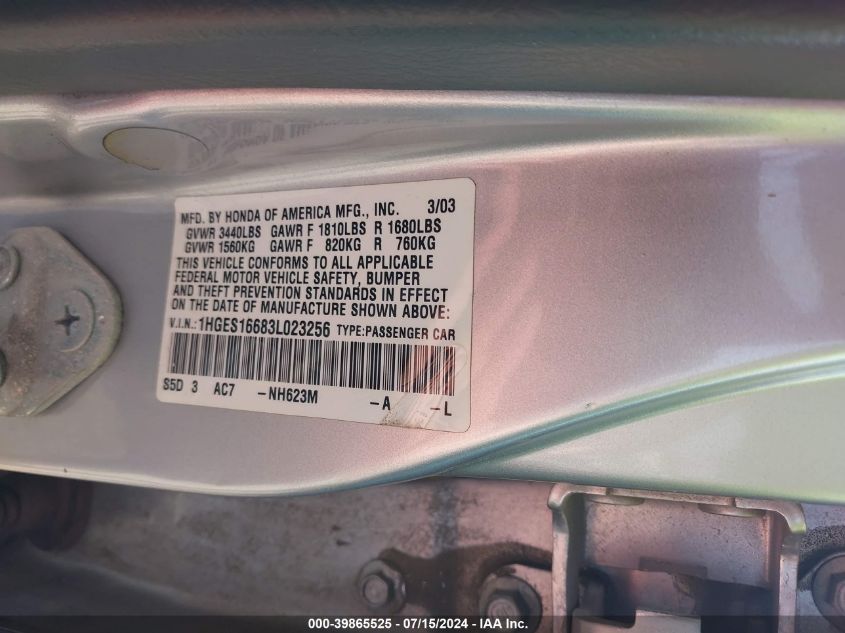 2003 Honda Civic Lx VIN: 1HGES16683L023256 Lot: 39865525