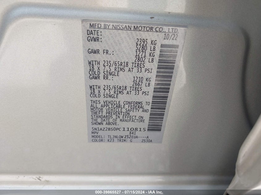 2023 Nissan Murano Sv Intelligent Awd VIN: 5N1AZ2BS0PC110815 Lot: 39865527