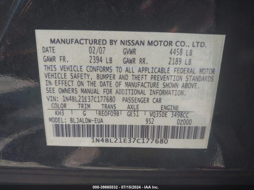 2007 Nissan Altima 3.5 Se VIN: 1N4BL21E37C177680 Lot: 39865532