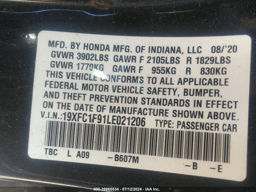 19XFC1F91LE021206 | 2020 HONDA CIVIC