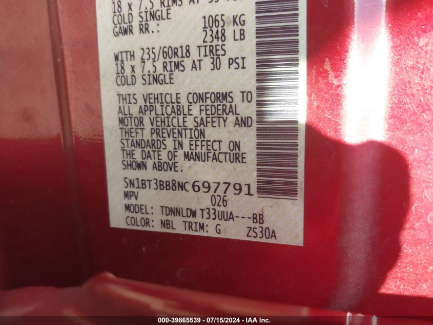 2022 Nissan Rogue Sv Intelligent Awd VIN: 5N1BT3BB8NC697791 Lot: 39865539