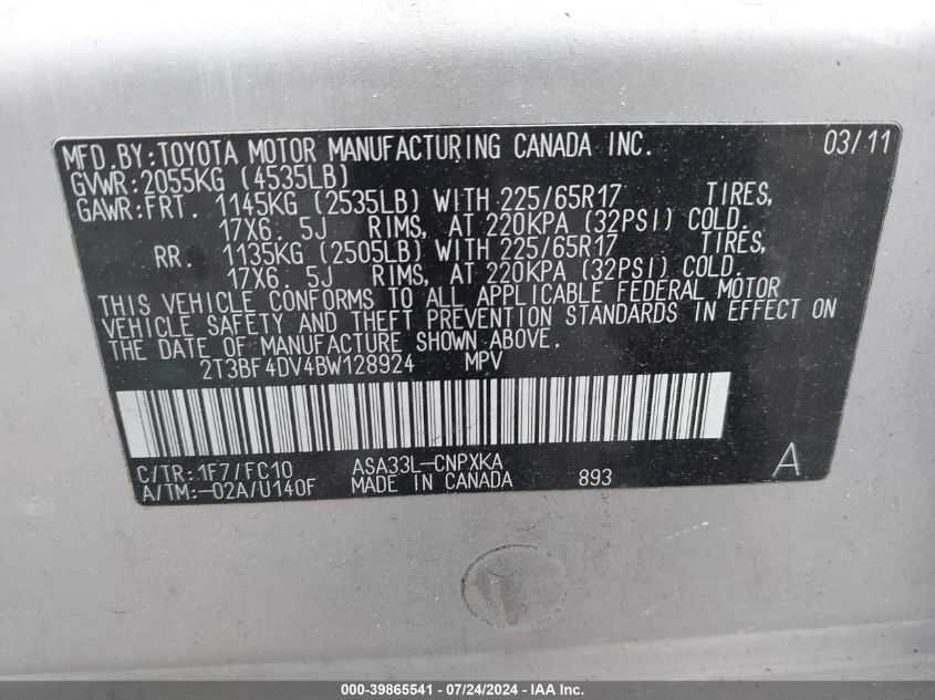 2T3BF4DV4BW128924 2011 Toyota Rav4