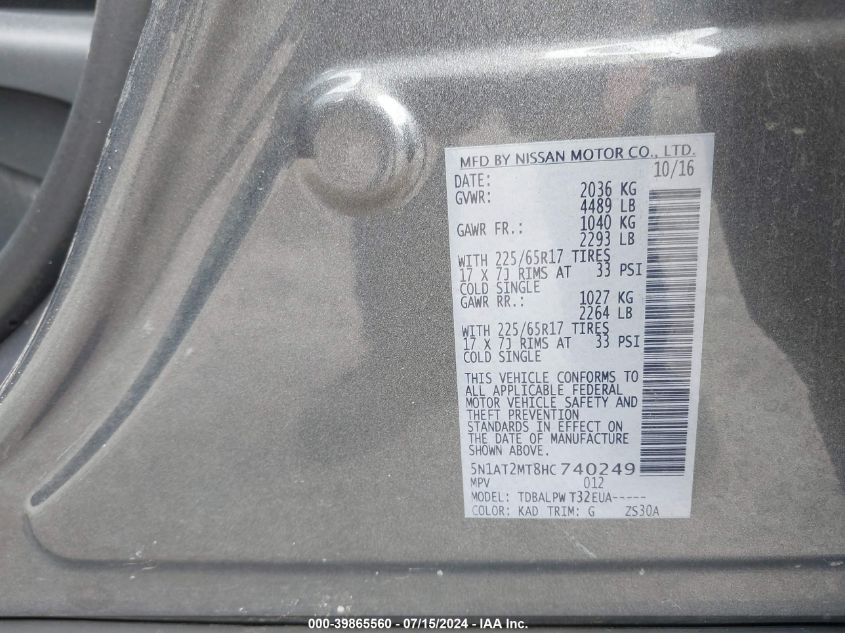 2017 Nissan Rogue S VIN: 5N1AT2MT8HC740249 Lot: 39865560