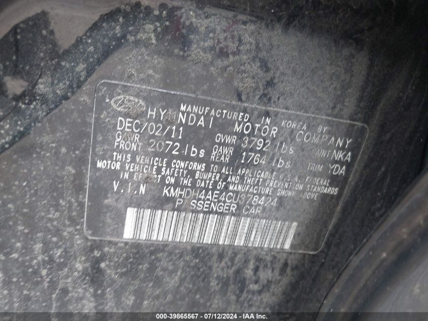 2012 Hyundai Elantra Gls (Ulsan Plant) VIN: KMHDH4AE4CU378424 Lot: 39865567