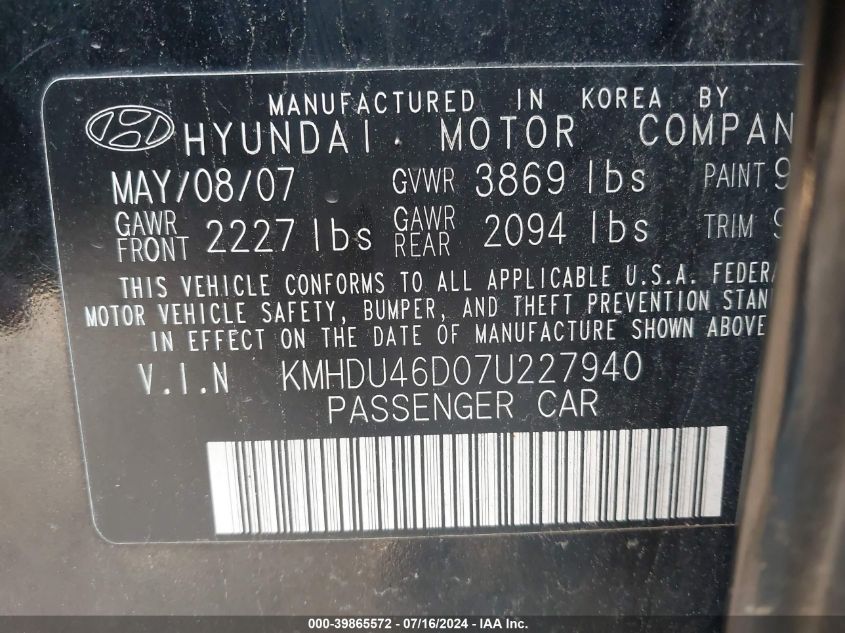 KMHDU46D07U227940 | 2007 HYUNDAI ELANTRA