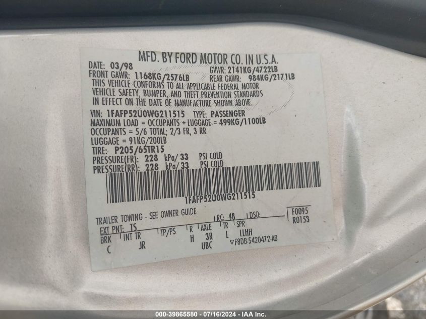 1998 Ford Taurus Lx/Se VIN: 1FAFP52U0WG211515 Lot: 39865580
