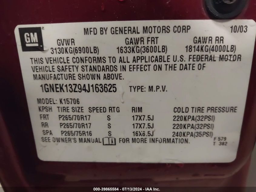 2004 Chevrolet Tahoe Lt VIN: 1GNEK13Z94J163625 Lot: 39865584