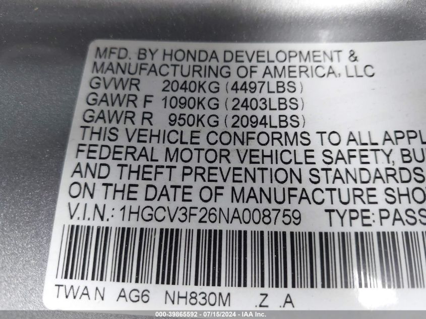 2022 Honda Accord Hybrid Sport VIN: 1HGCV3F26NA008759 Lot: 39865592