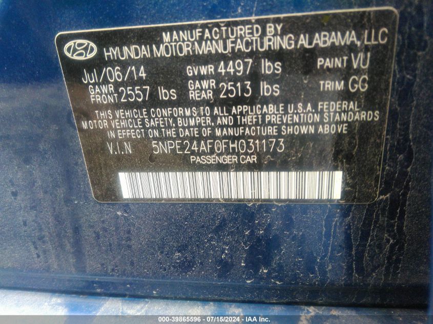 5NPE24AF0FH031173 | 2015 HYUNDAI SONATA