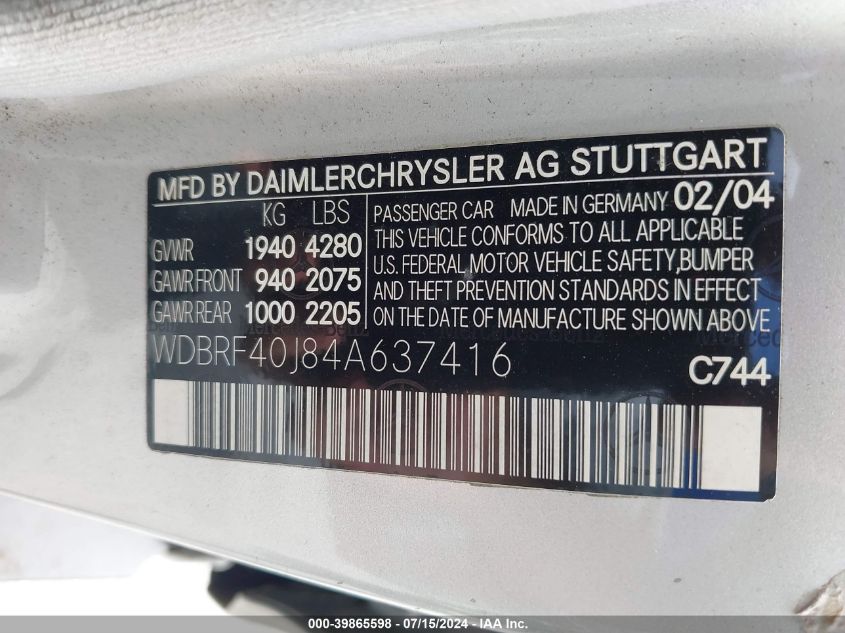 2004 Mercedes-Benz C 230 Kompressor Sport/Sport VIN: WDBRF40J84A637416 Lot: 39865598