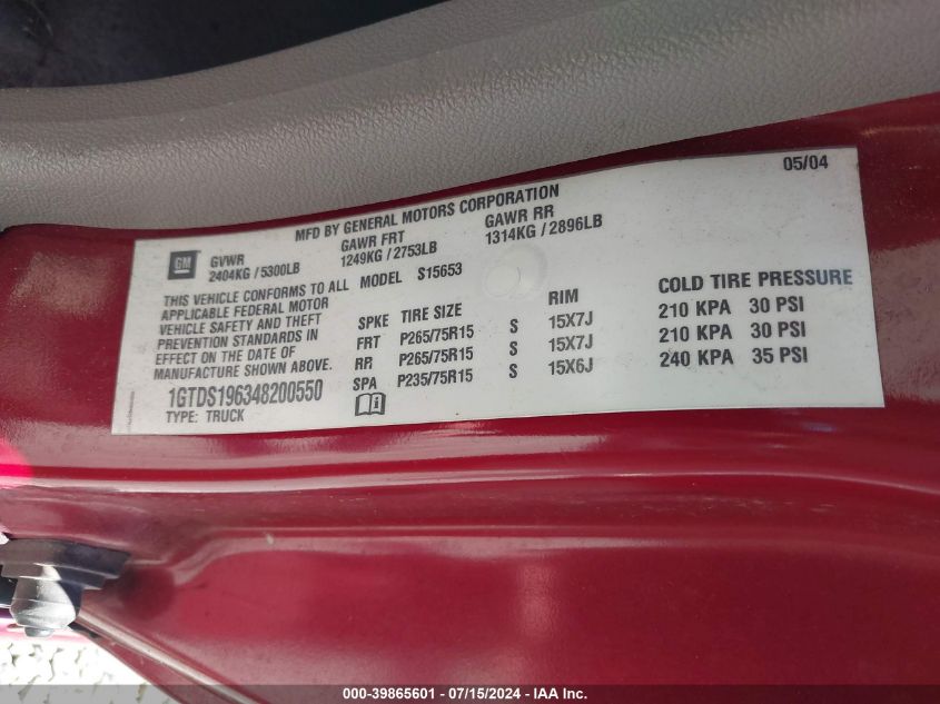 2004 GMC Canyon Sl VIN: 1GTDS196348200550 Lot: 39865601