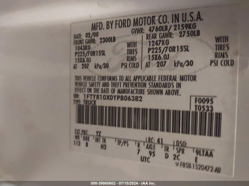 2000 Ford Ranger Xlt VIN: 1FTYR10X0YPB06382 Lot: 39865602