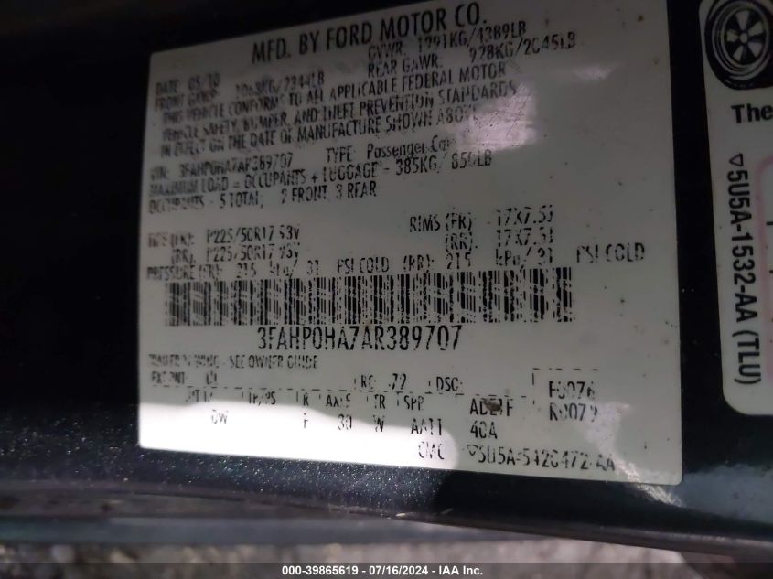 2010 Ford Fusion Se VIN: 3FAHP0HA7AR389707 Lot: 39865619