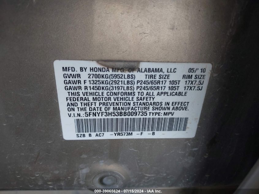 2011 Honda Pilot Ex-L VIN: 5FNYF3H53BB009735 Lot: 39865624