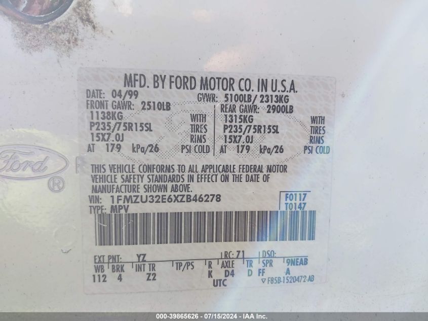 1999 Ford Explorer Eddie Bauer/Limited Edition/Xlt VIN: 1FMZU32E6XZB46278 Lot: 39865626
