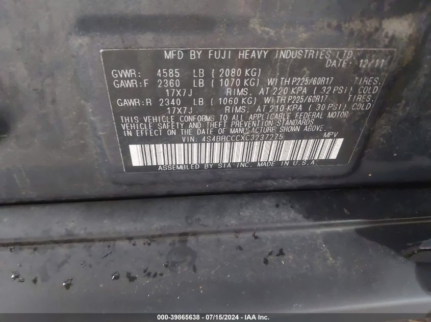 2012 Subaru Outback 2.5I Premium VIN: 4S4BRCCCXC3237275 Lot: 39865638