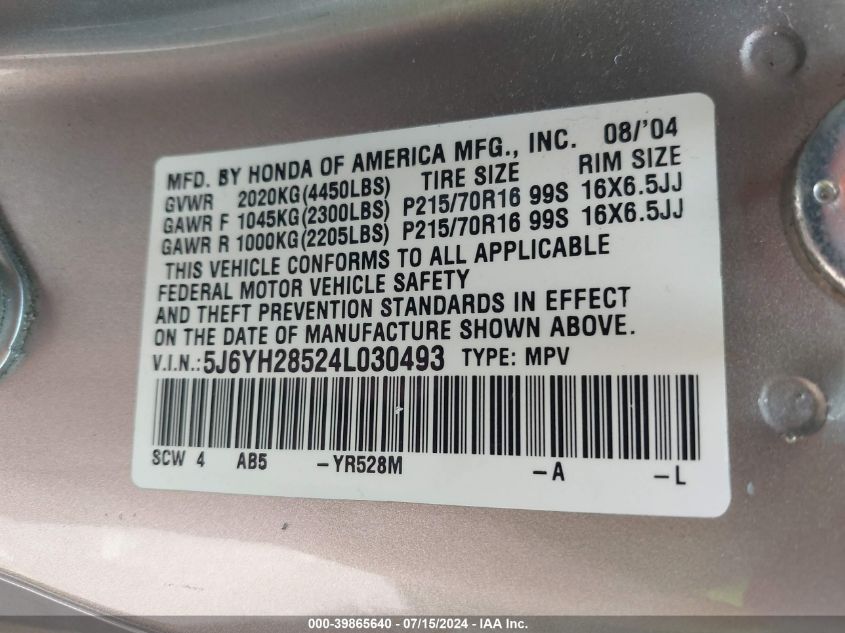 2004 Honda Element Ex VIN: 5J6YH28524L030493 Lot: 39865640