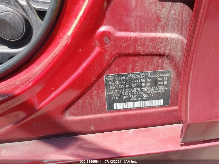2013 Hyundai Sonata Gls VIN: 5NPEB4AC2DH756633 Lot: 39865644