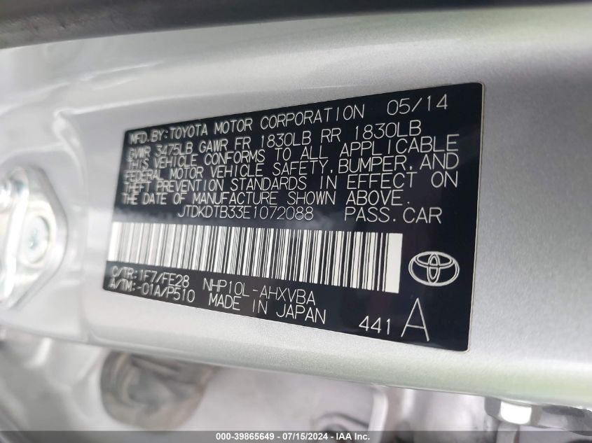 2014 Toyota Prius C One VIN: JTDKDTB33E1072088 Lot: 39865649