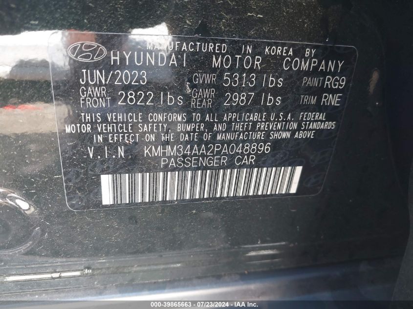 2023 Hyundai Ioniq 6 Sel VIN: KMHM34AA2PA048896 Lot: 39865663