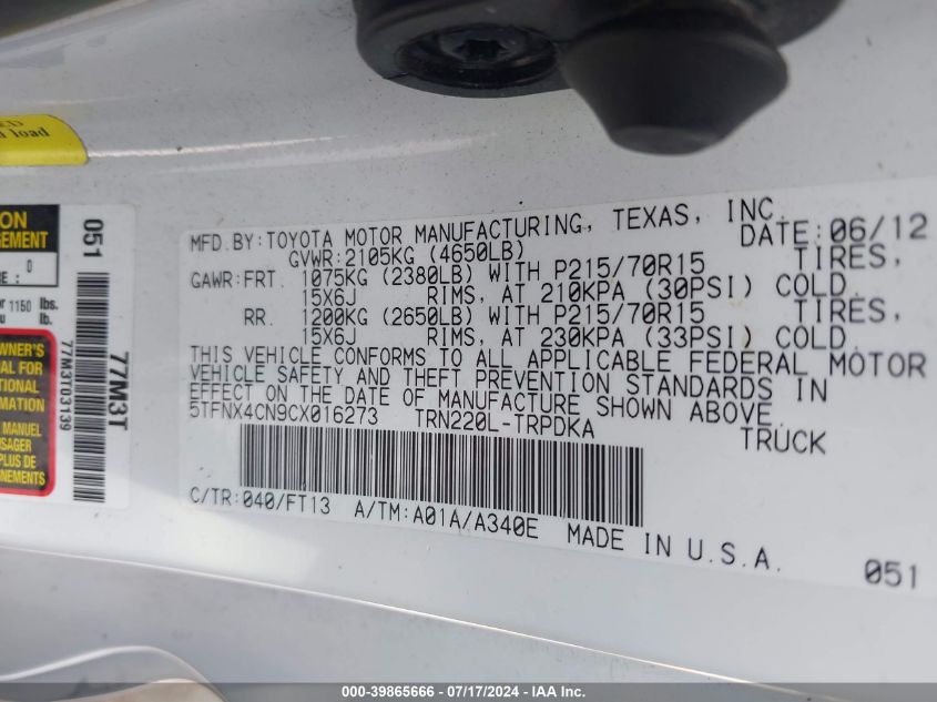 2012 Toyota Tacoma VIN: 5TFNX4CN9CX016273 Lot: 39865666