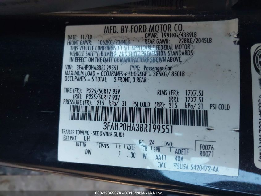 2011 Ford Fusion Se VIN: 3FAHP0HA3BR199551 Lot: 39865678