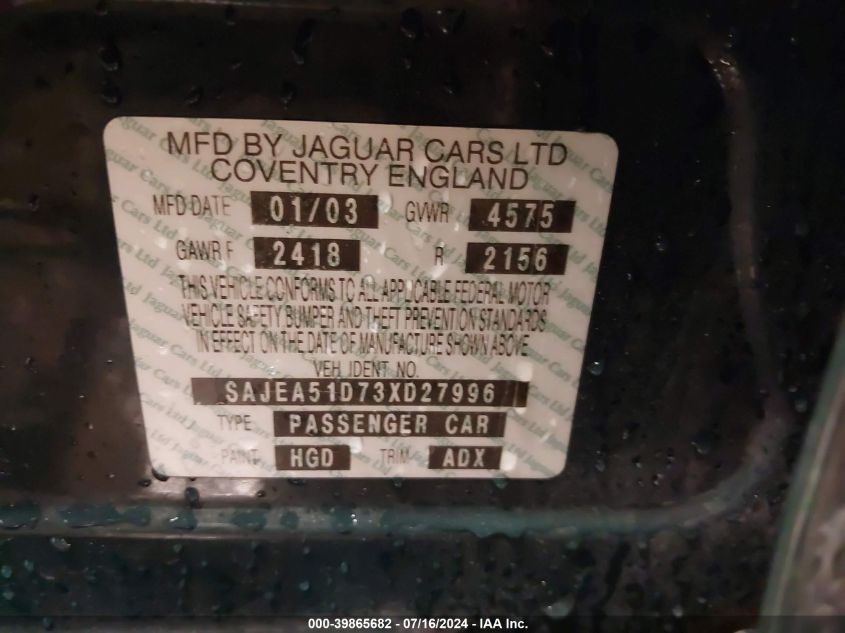 2003 Jaguar X-Type 2.5 VIN: SAJEA51D73XD27996 Lot: 39865682