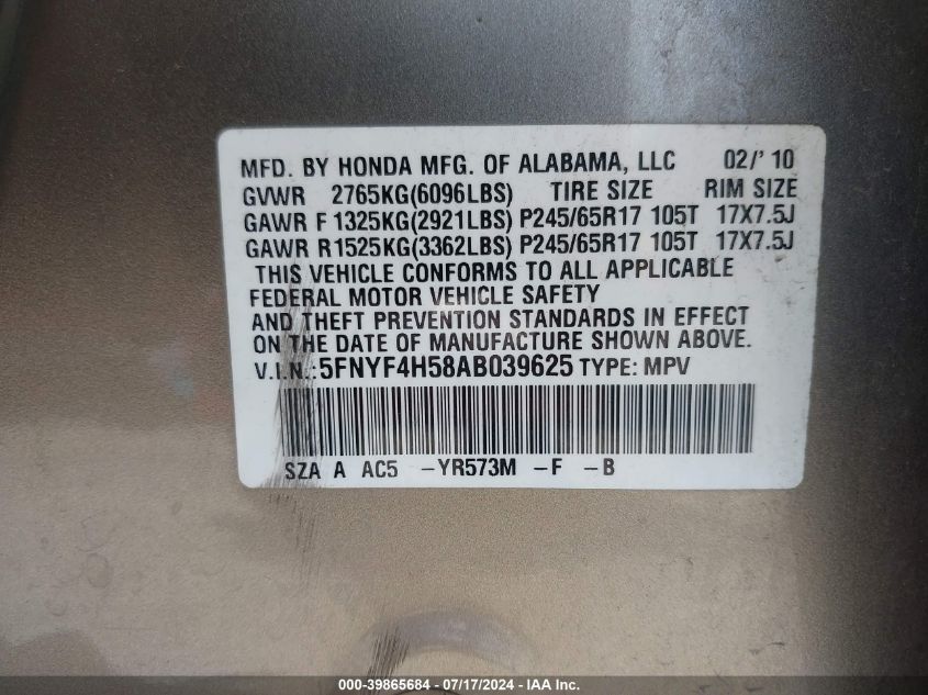 2010 Honda Pilot Ex-L VIN: 5FNYF4H58AB039625 Lot: 39865684