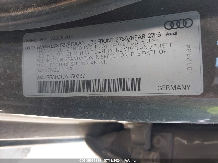 2013 Audi A6 3.0T Premium VIN: WAUGGAFC1DN150237 Lot: 39865699