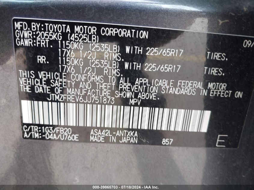 2018 Toyota Rav4 Le VIN: JTMZFREV6JJ751873 Lot: 39865703
