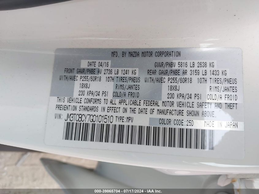 2016 Mazda Cx-9 Touring VIN: JM3TCBCY7G0101510 Lot: 39865704