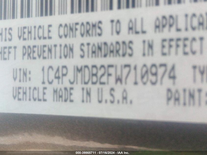 2015 Jeep Cherokee Limited VIN: 1C4PJMDB2FW710974 Lot: 39865711