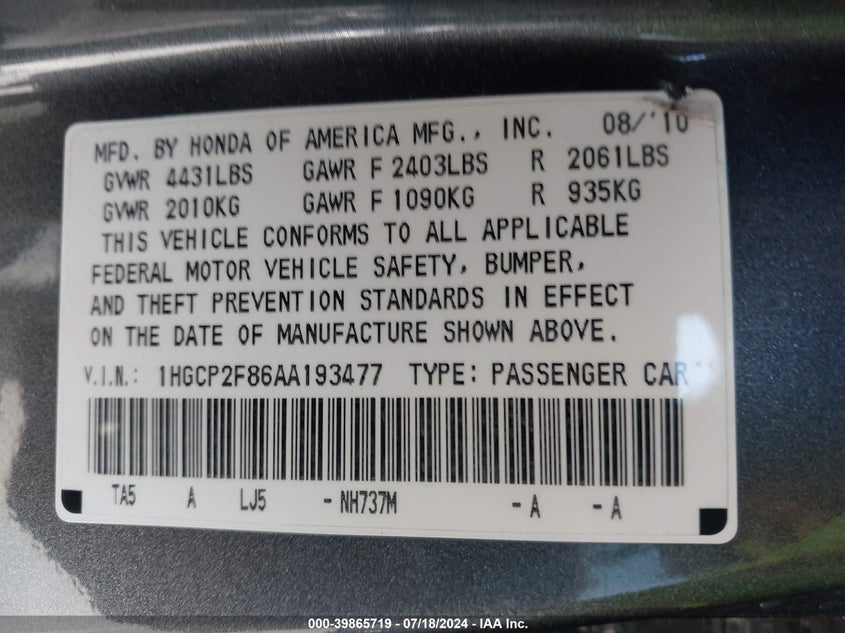 2010 Honda Accord 2.4 Ex-L VIN: 1HGCP2F86AA193477 Lot: 39865719