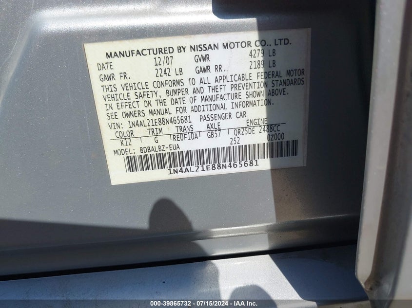 2008 Nissan Altima 2.5 S VIN: 1N4AL21E88N465681 Lot: 39865732