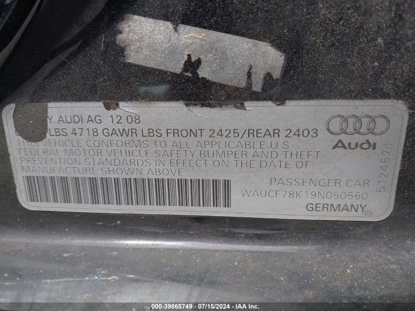 2009 Audi A4 2.0T Premium VIN: WAUCF78K19N050560 Lot: 39865749