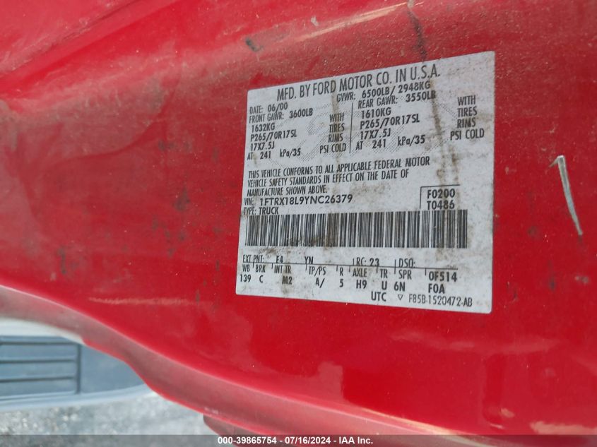 2000 Ford F-150 Lariat/Work Series/Xl/Xlt VIN: 1FTRX18L9YNC26379 Lot: 39865754