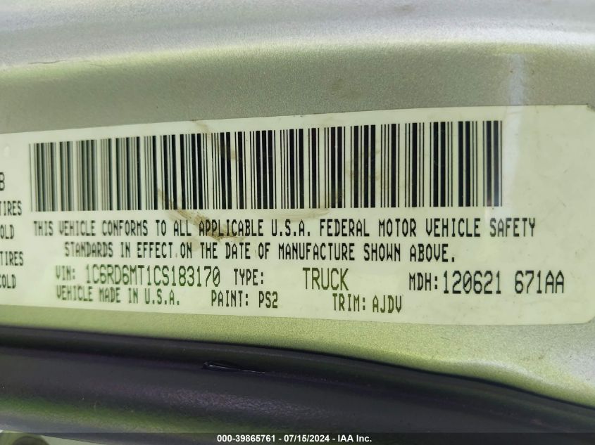 2012 Ram 1500 Sport VIN: 1C6RD6MT1CS183170 Lot: 39865761
