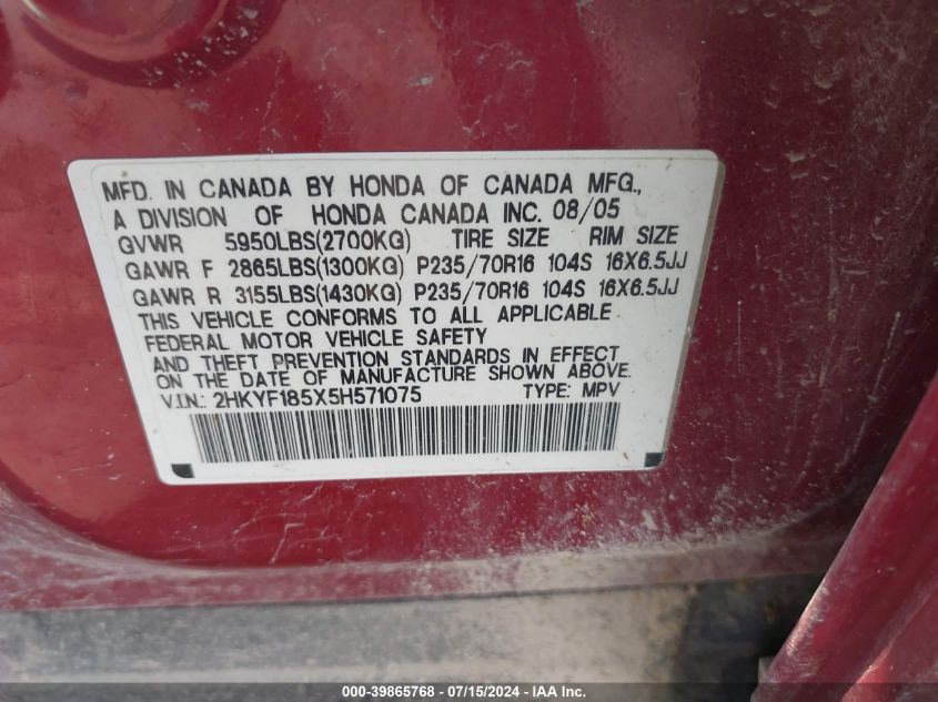 2005 Honda Pilot Ex-L VIN: 2HKYF185X5H571075 Lot: 39865768