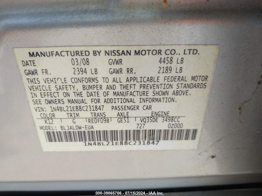 2008 Nissan Altima 3.5 Se VIN: 1N4BL21E88C231847 Lot: 39865786