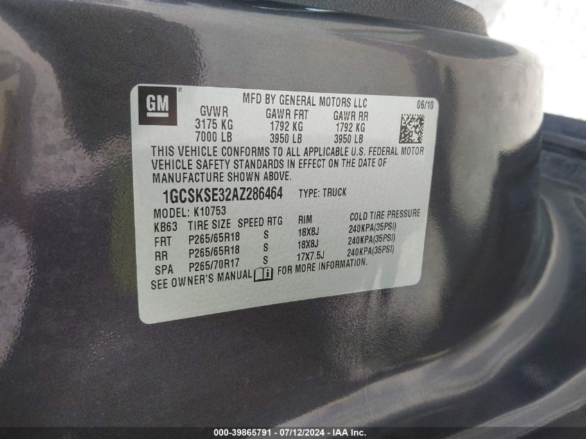 2010 Chevrolet Silverado 1500 Lt VIN: 1GCSKSE32AZ286464 Lot: 39865791