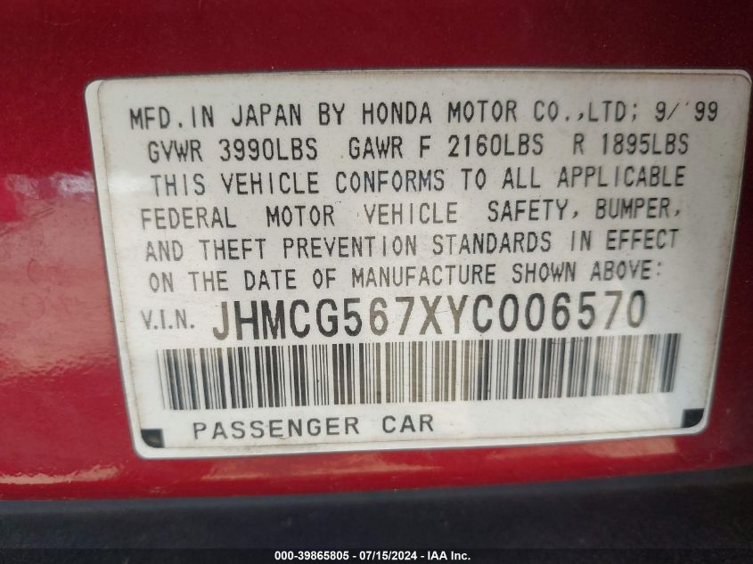 2000 Honda Accord 2.3 Se VIN: JHMCG567XYC006570 Lot: 39865805