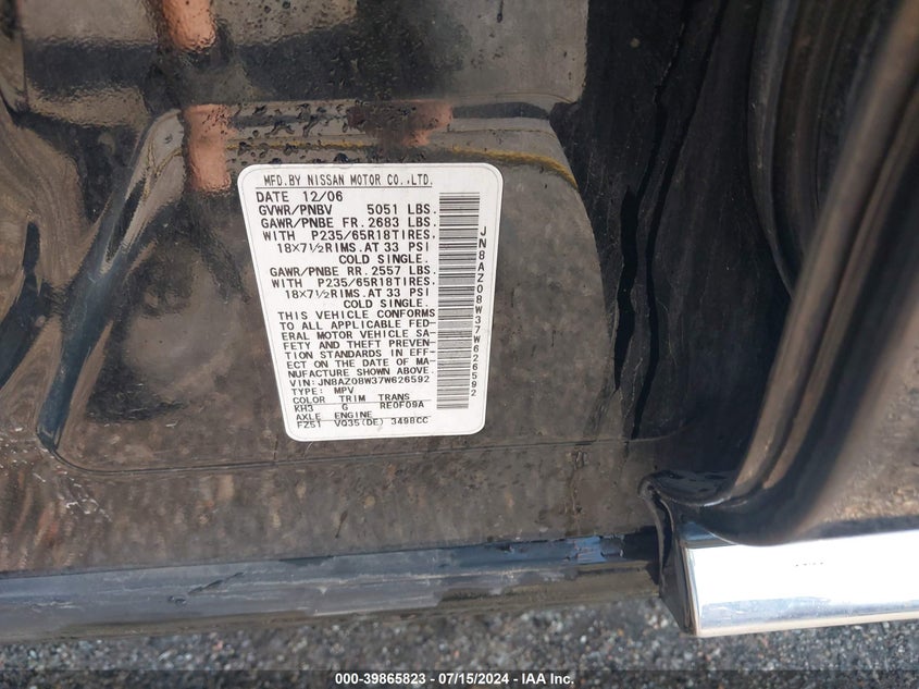 2007 Nissan Murano Se VIN: JN8AZ08W37W626592 Lot: 39865823