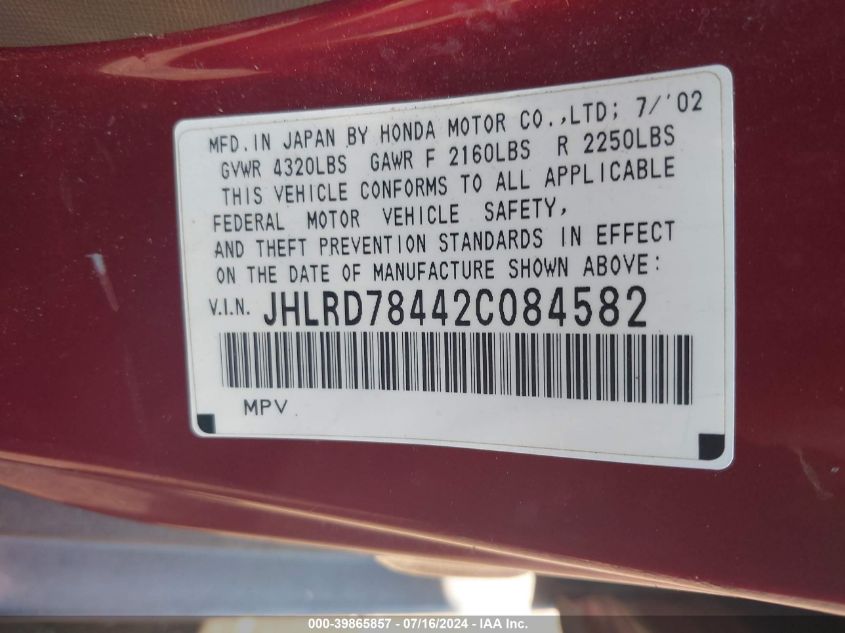 JHLRD78442C084582 2002 Honda Cr-V Lx