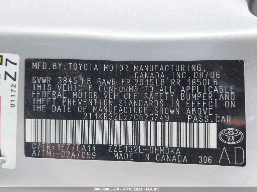 2007 Toyota Matrix Std/Xr VIN: 2T1KR32E27C625749 Lot: 39865878