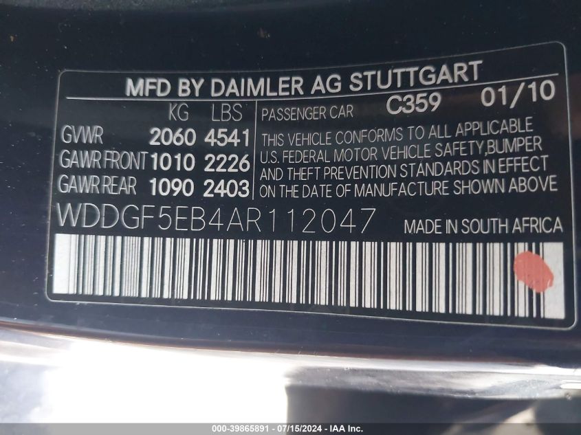 2010 Mercedes-Benz C 300 VIN: WDDGF5EB4AR112047 Lot: 39865891