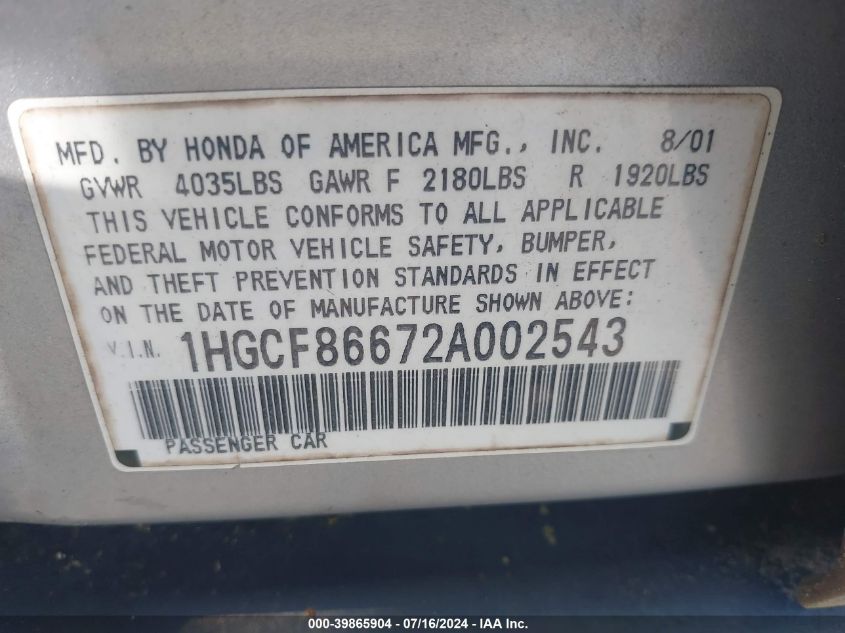 1HGCF86672A002543 2002 Honda Accord 2.3 Vp