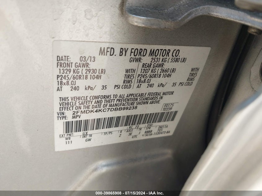 2013 Ford Edge Limited VIN: 2FMDK4KC7DBB99235 Lot: 39865908