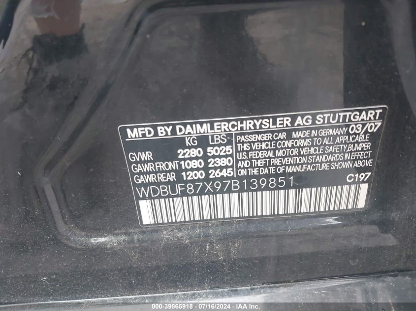 2007 Mercedes-Benz E 350 4Matic VIN: WDBUF87X97B139851 Lot: 39865918